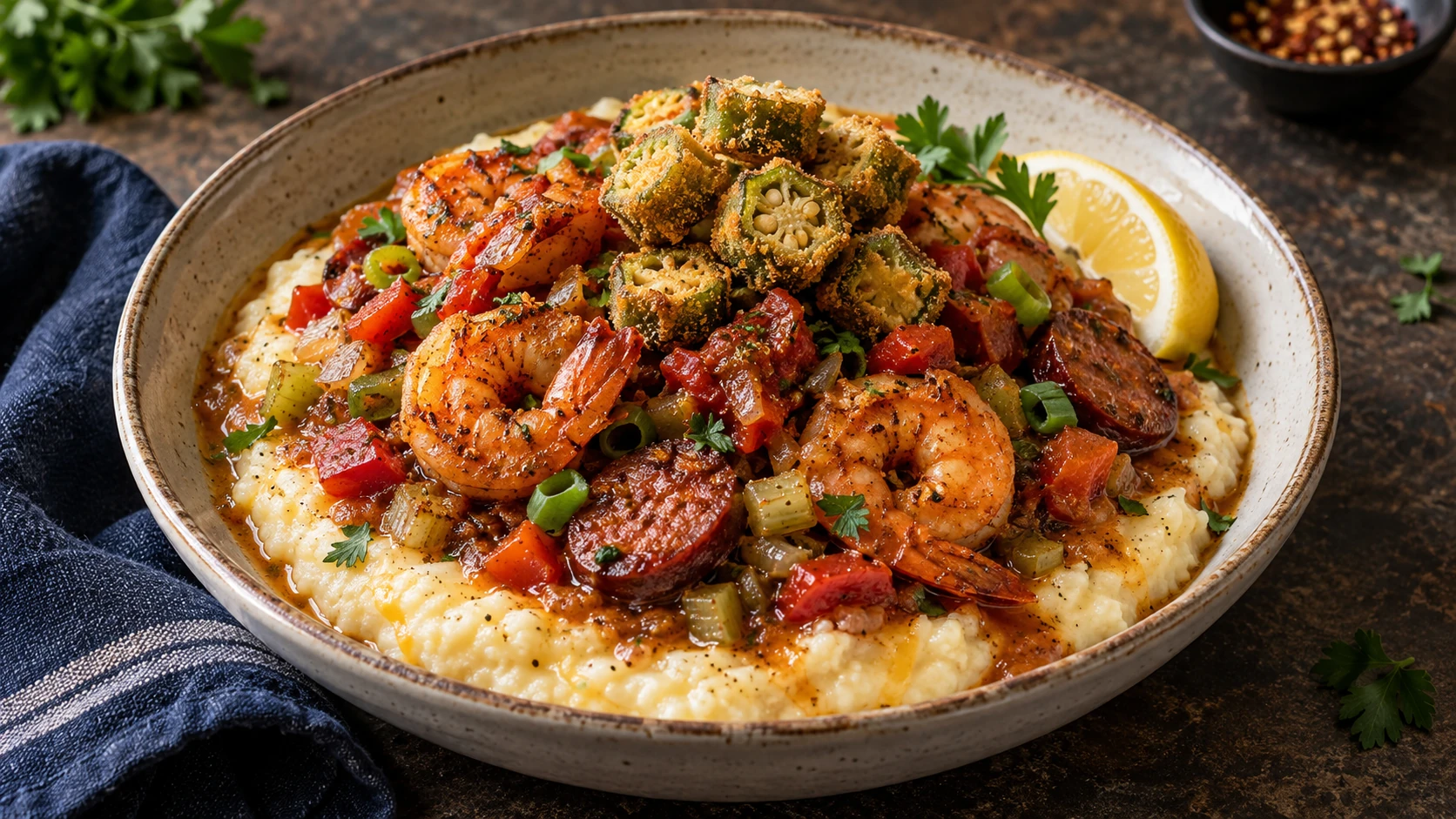 Cajun shrimp and browned andouille over creamy smoked-Gouda grits with trinity vegetables, crisp fried okra, lemon, and herbs