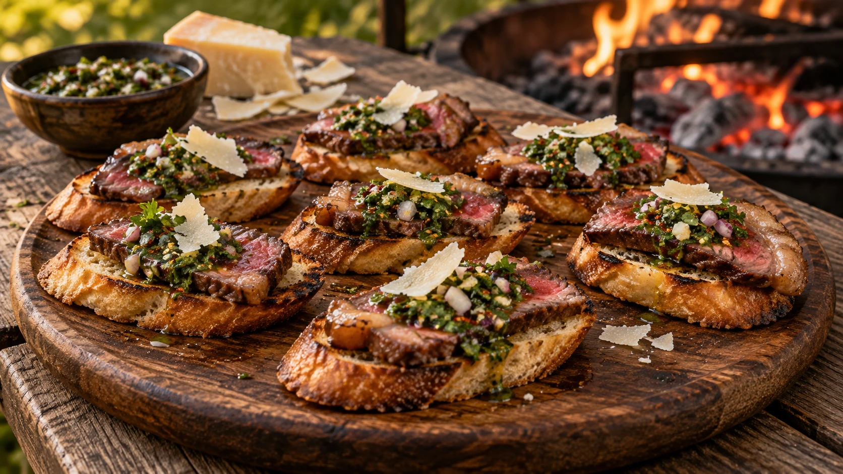 Brazilian picanha crostini with herb vinaigrette and shaved Parmesan on a wooden platter