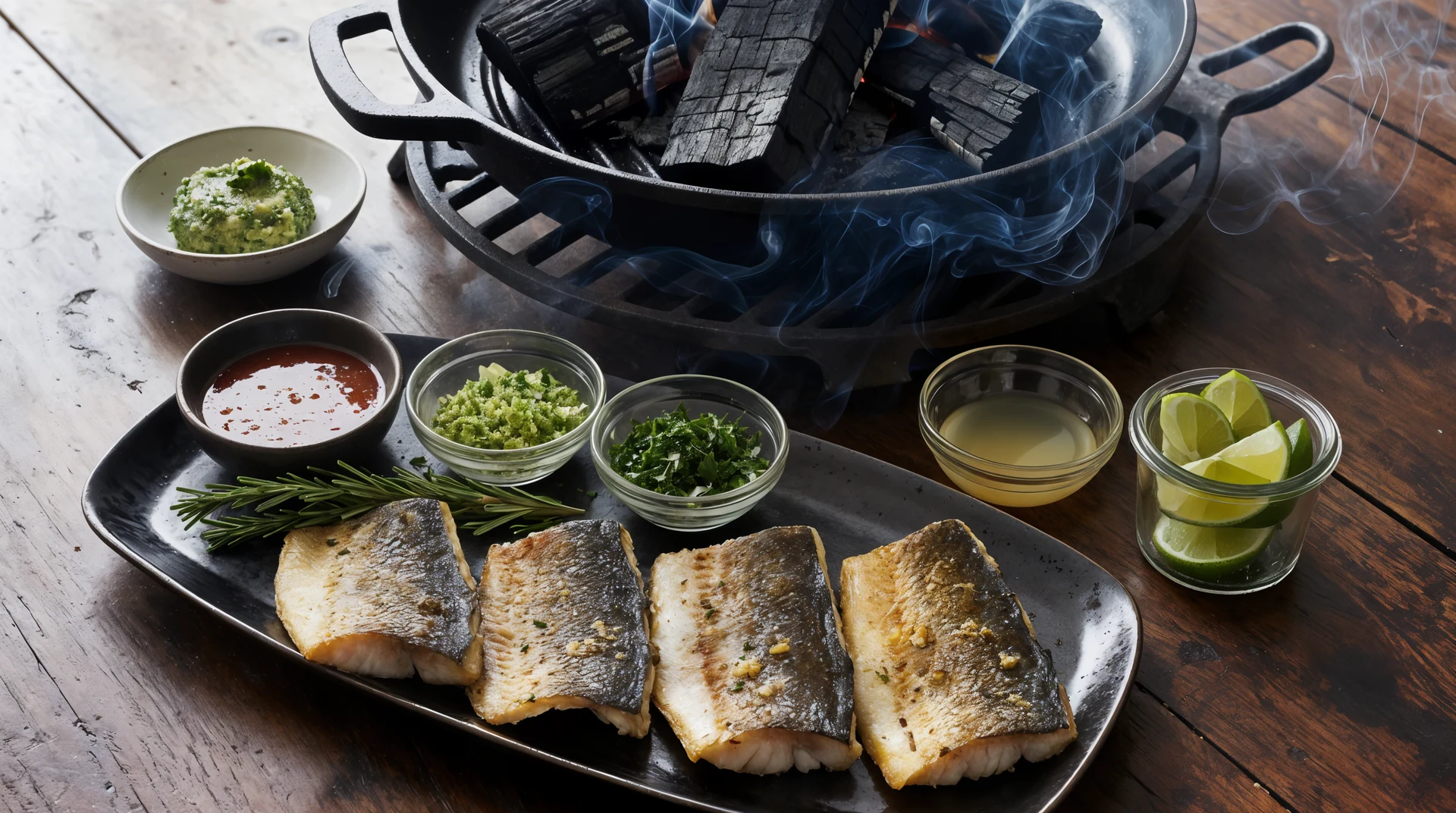 Grilled skin-on peacock bass fillets with pineapple-lime mojo, garlic, herbs, and charred citrus