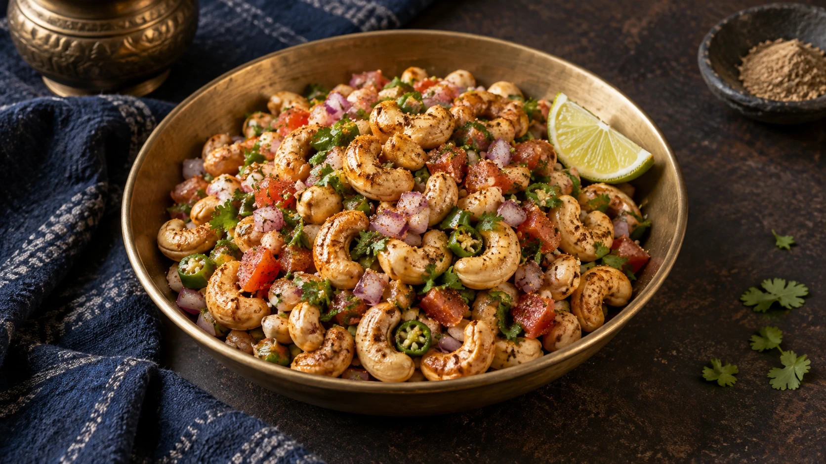 Cashew-forward masala kaju chaat with diced red onion, tomato, green chile, cilantro, lime, and chaat masala in a brass bowl
