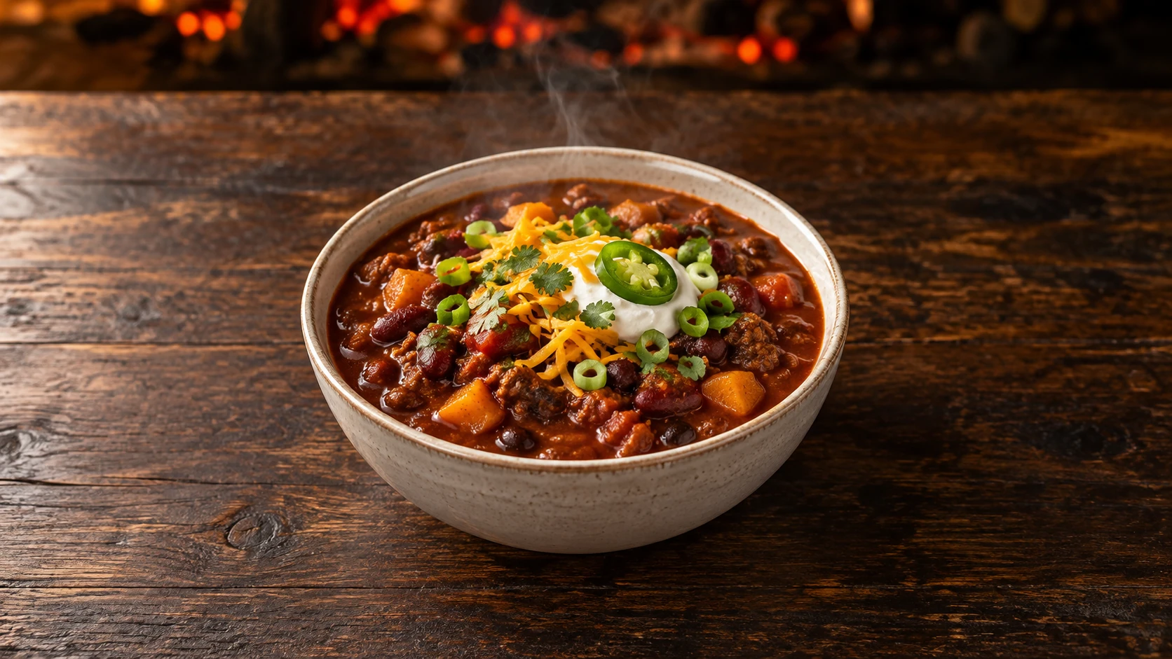 Finished pumpkin beef-and-bean chili with cheddar, sour cream, scallions, cilantro, and jalapeño in a ceramic bowl