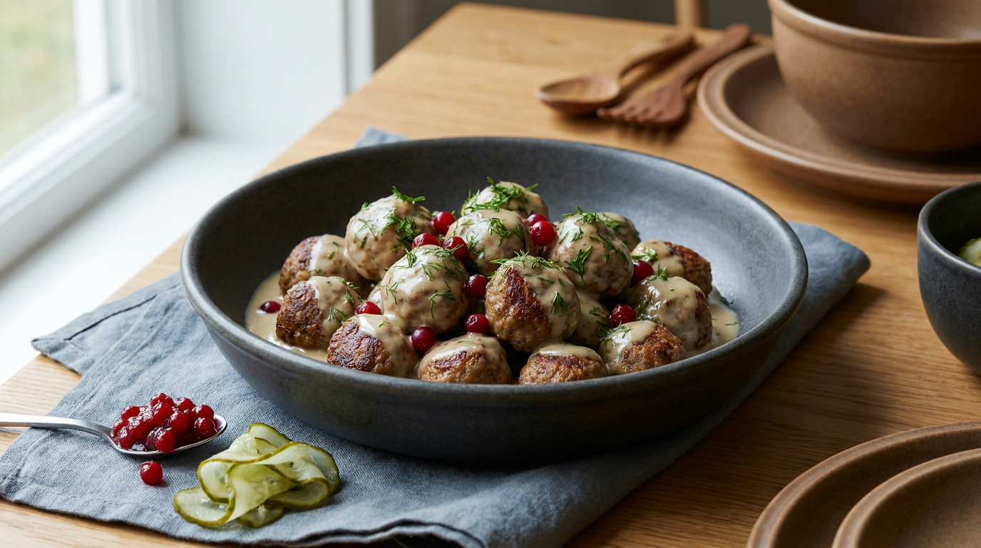 Classic Swedish meatballs in cream gravy with lingonberries, dill, and pickled cucumber ribbons