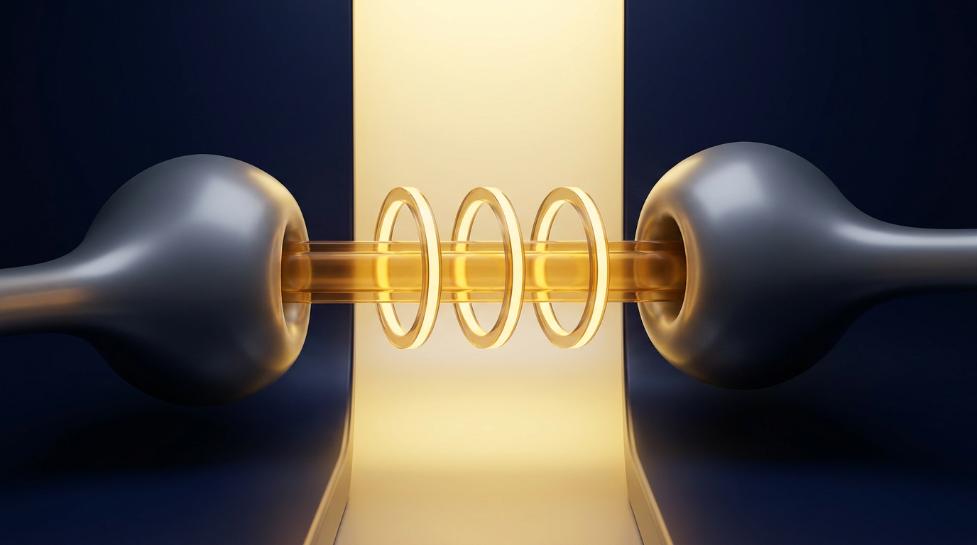 Two smooth graphite nodes connected through three luminous security rings