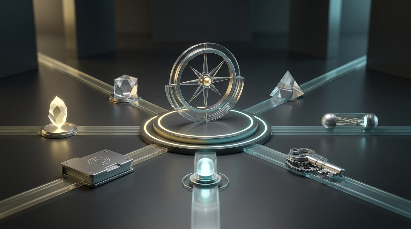 A text-free glass compass connects distinct archival objects for memory, personality, project context, configuration, and skills.