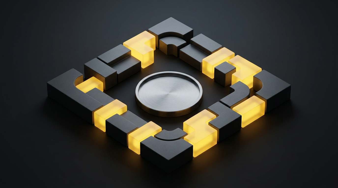 Graphite and yellow modular components arranged around a central metal hub