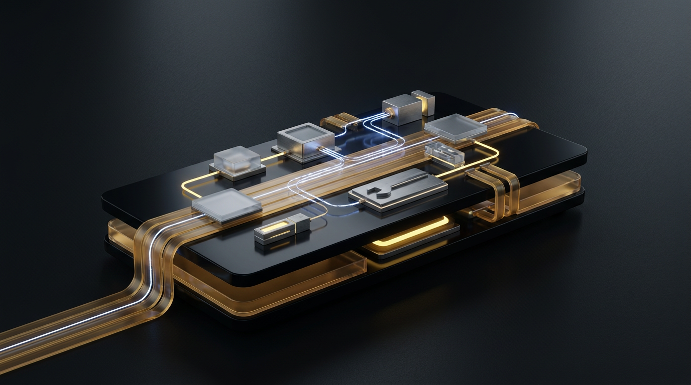 Abstract amber and blue workflow paths connecting modular tools on a dark workbench