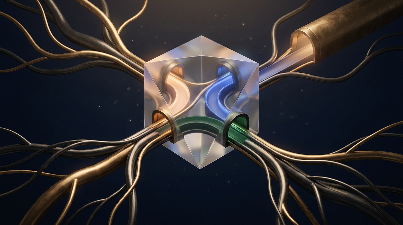 Abstract routing prism directing amber blue and green pathways through a dark network