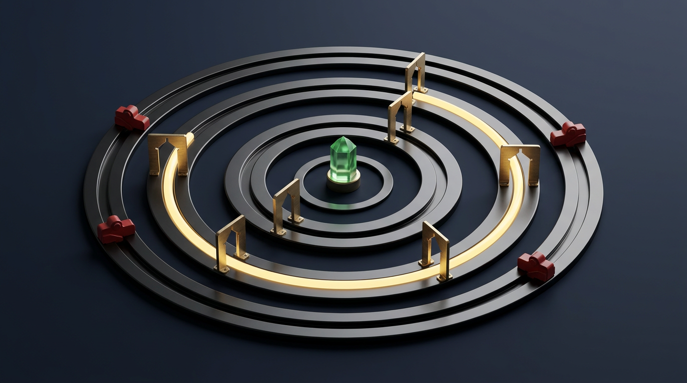 Concentric agent tracks passing through brass gates toward a green verification beacon