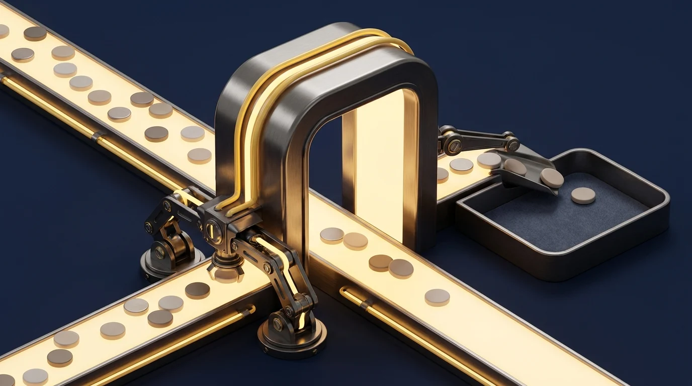Abstract mechanical safety gate sorting command tokens into approved and diverted paths