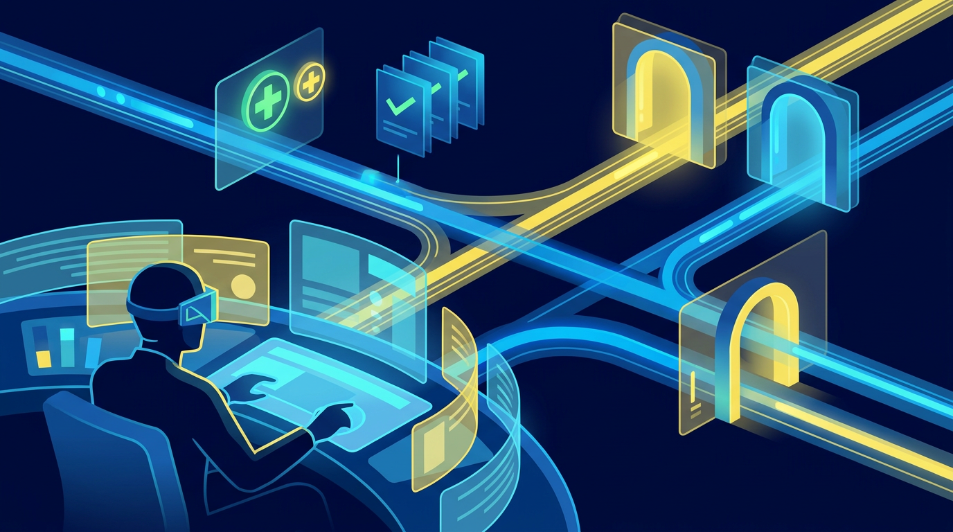 Abstract Rocky operations command center with safe automation lanes and verification panels.