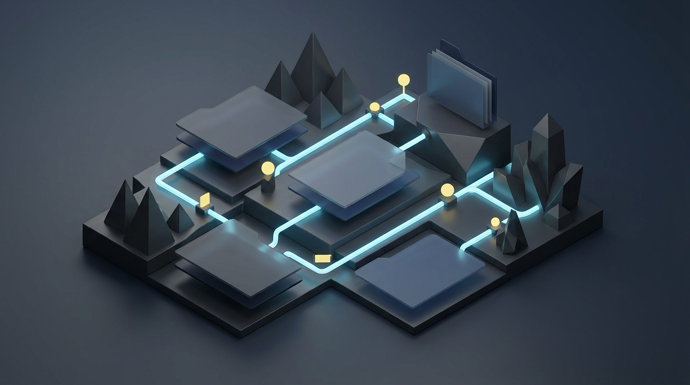 Blank layered project documents connected by cyan paths to a faceted Rocky verification landscape.