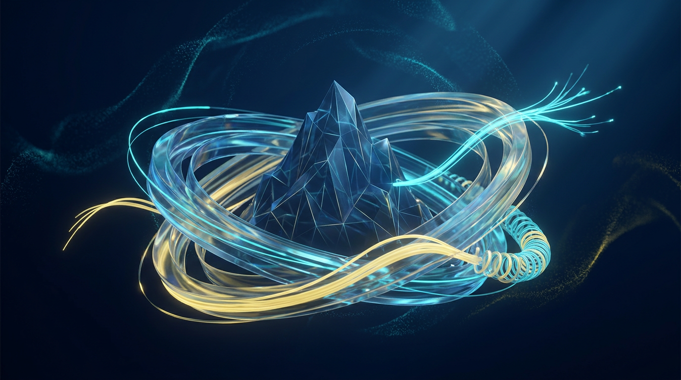 Layered translucent rings carry cyan and gold memory streams around a dark faceted mountain.