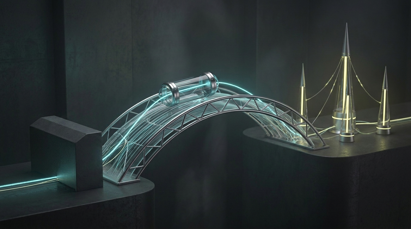 A glowing work capsule traveling across a secure bridge between terminal and messaging environments