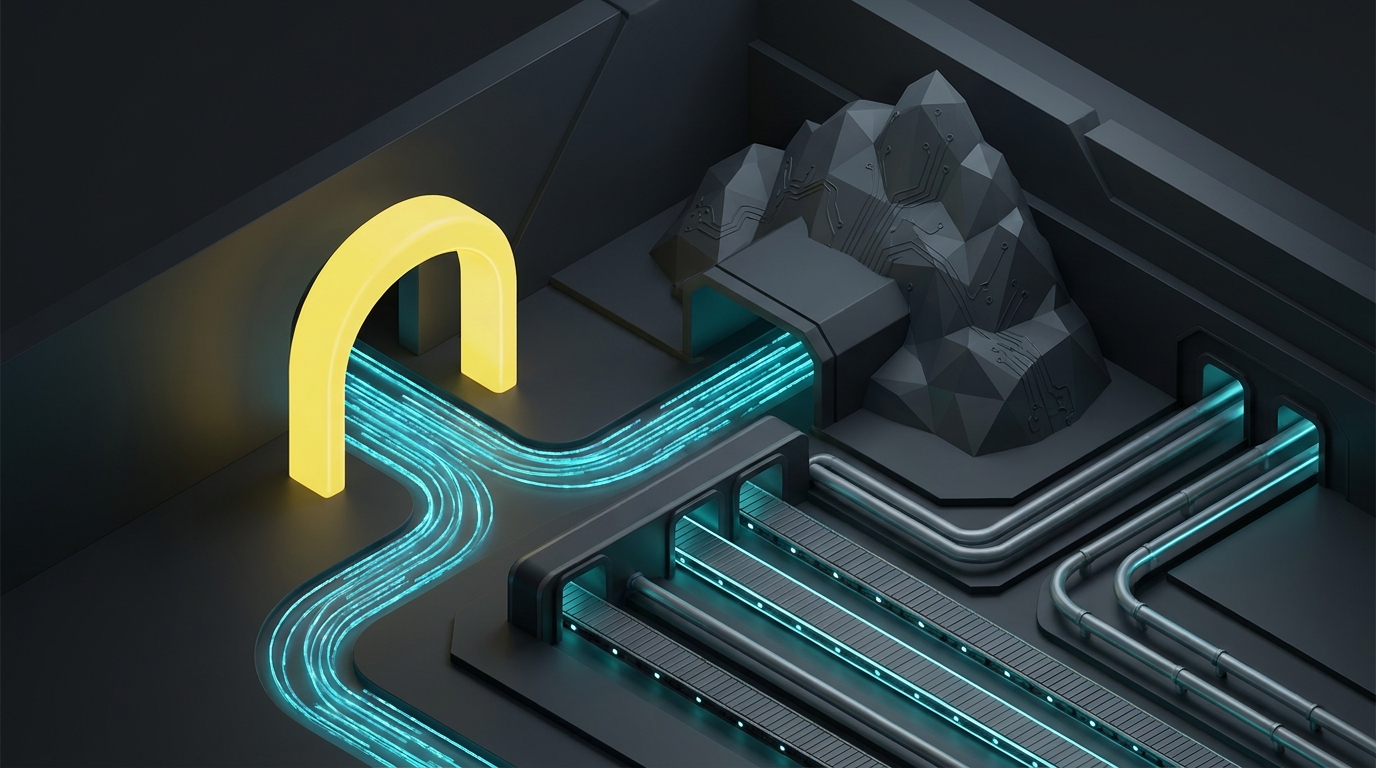 Abstract cyan event streams passing through a yellow approval arch toward a rocky operations hub.