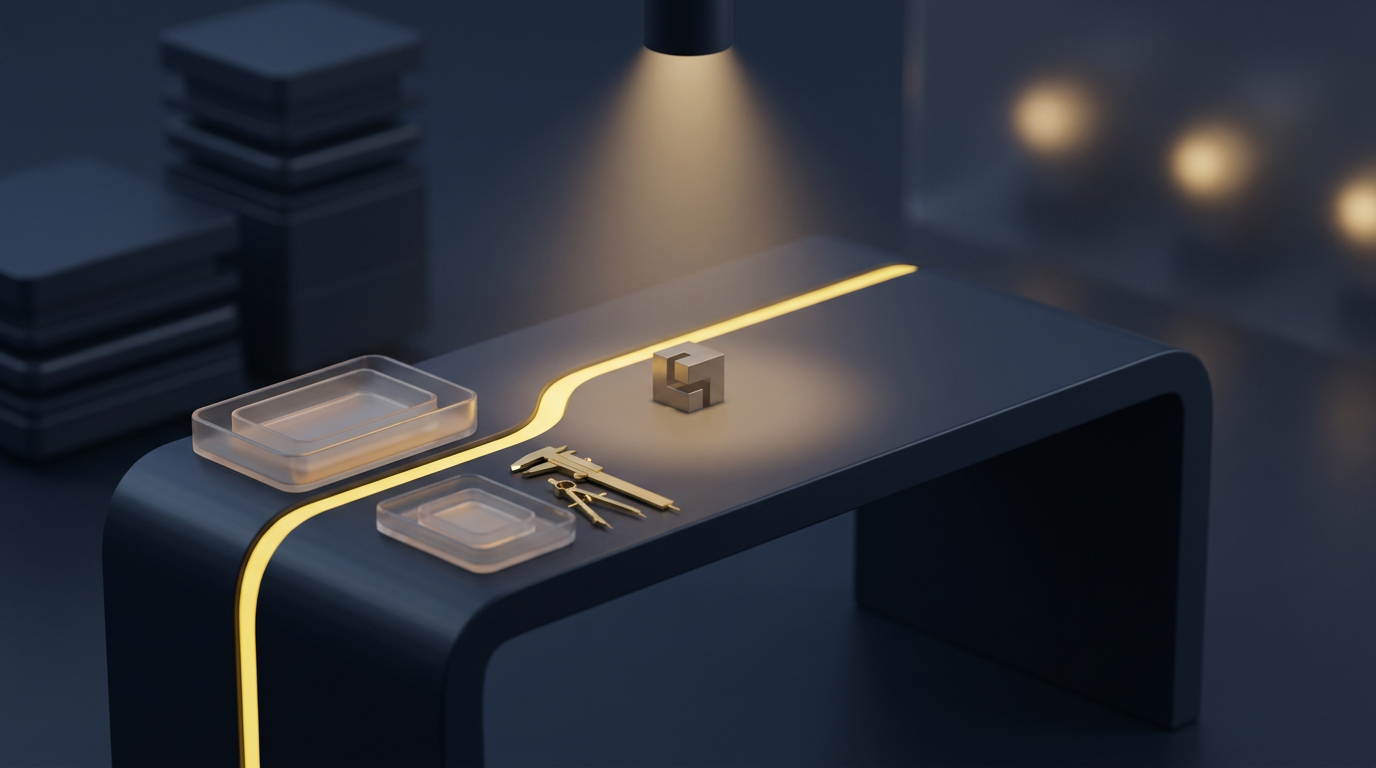 A focused dark workbench with a single illuminated yellow task path