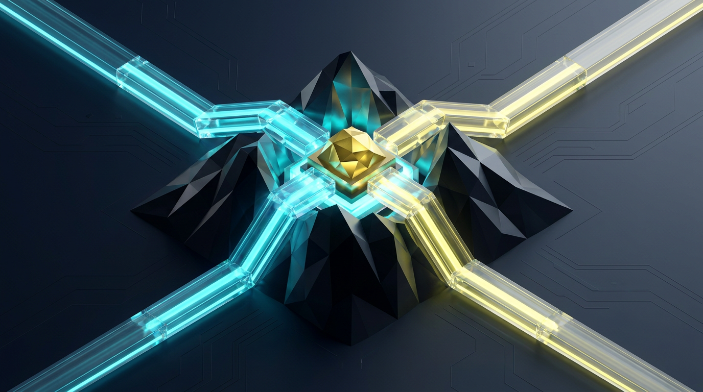 Cyan and golden pathways converge through a faceted mountain-shaped AI system core.