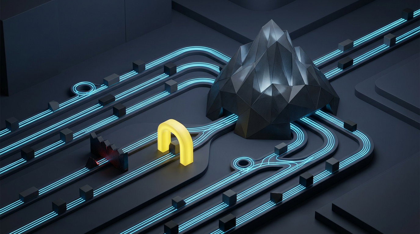 Abstract multi-agent work lanes converging on a faceted Rocky mountain operations hub.