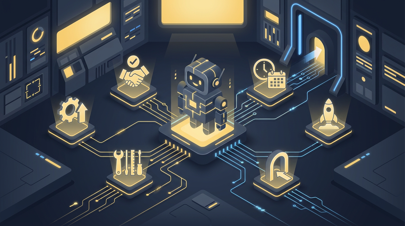 Abstract Rocky operations room with connected readiness checkpoints and tool icons.