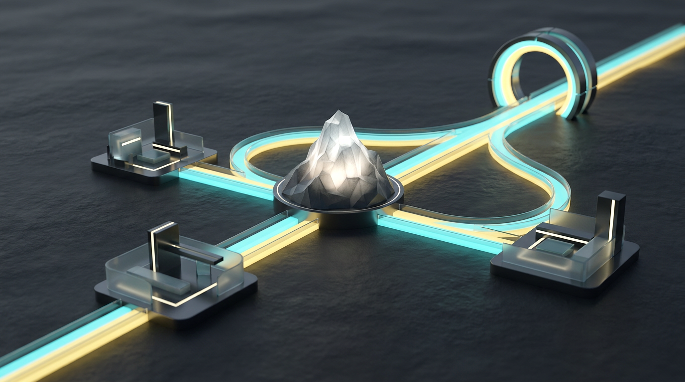 Three separate cyan and yellow work paths branch around a faceted Rocky mountain and converge at one release portal.