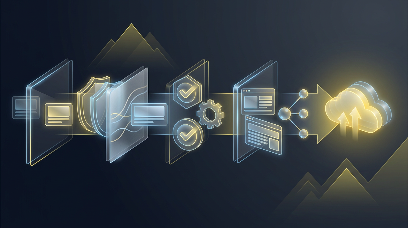 Abstract public wiki pipeline flowing through safety gates, QA checks, screenshots, and cloud deployment.