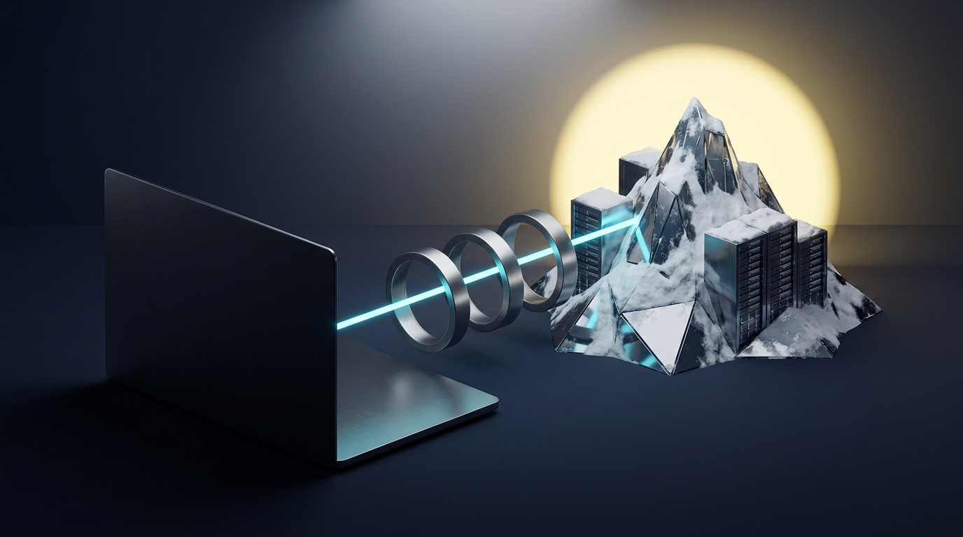 A blank laptop sending a cyan connection through three plain tunnel rings into a protected mountain server.